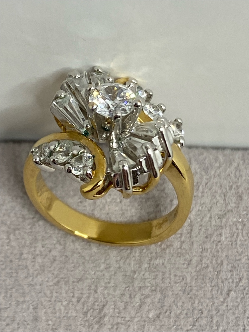 Vintage CZ Cocktail Ring Two Tone Gold Silver Baguette Round Stones Size 6